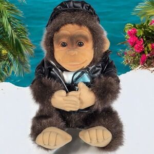 Vintage Hosung Monkey Puppet Squeaker Plush Biker Leather Bikie Gatsby Chimp Toy